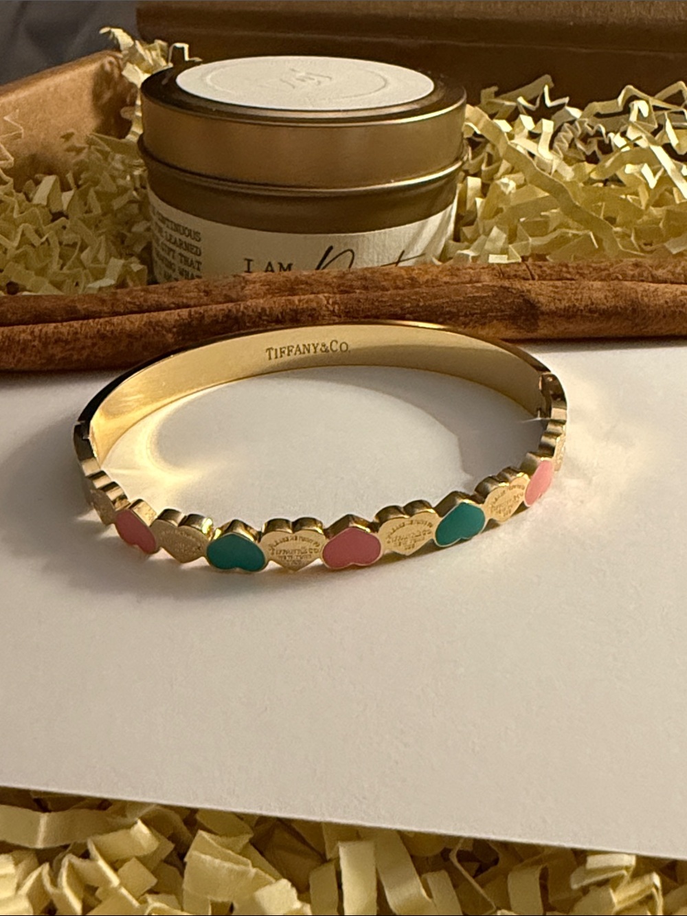 Gold Bangle with Pink and blue hearts Accents